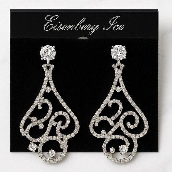 Vtg Eisenberg Ice Sparkling Filigree Rhinestone Statement Dangle Earrings NOS - Picture 3 of 5